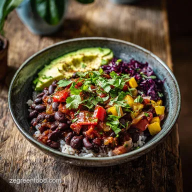 Black Bean Burrito Bowl with Avocado in 25 Minutes Recipe Card