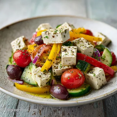 Easy Greek Salad with Tofu Feta in 15 Minutes Recipe Card