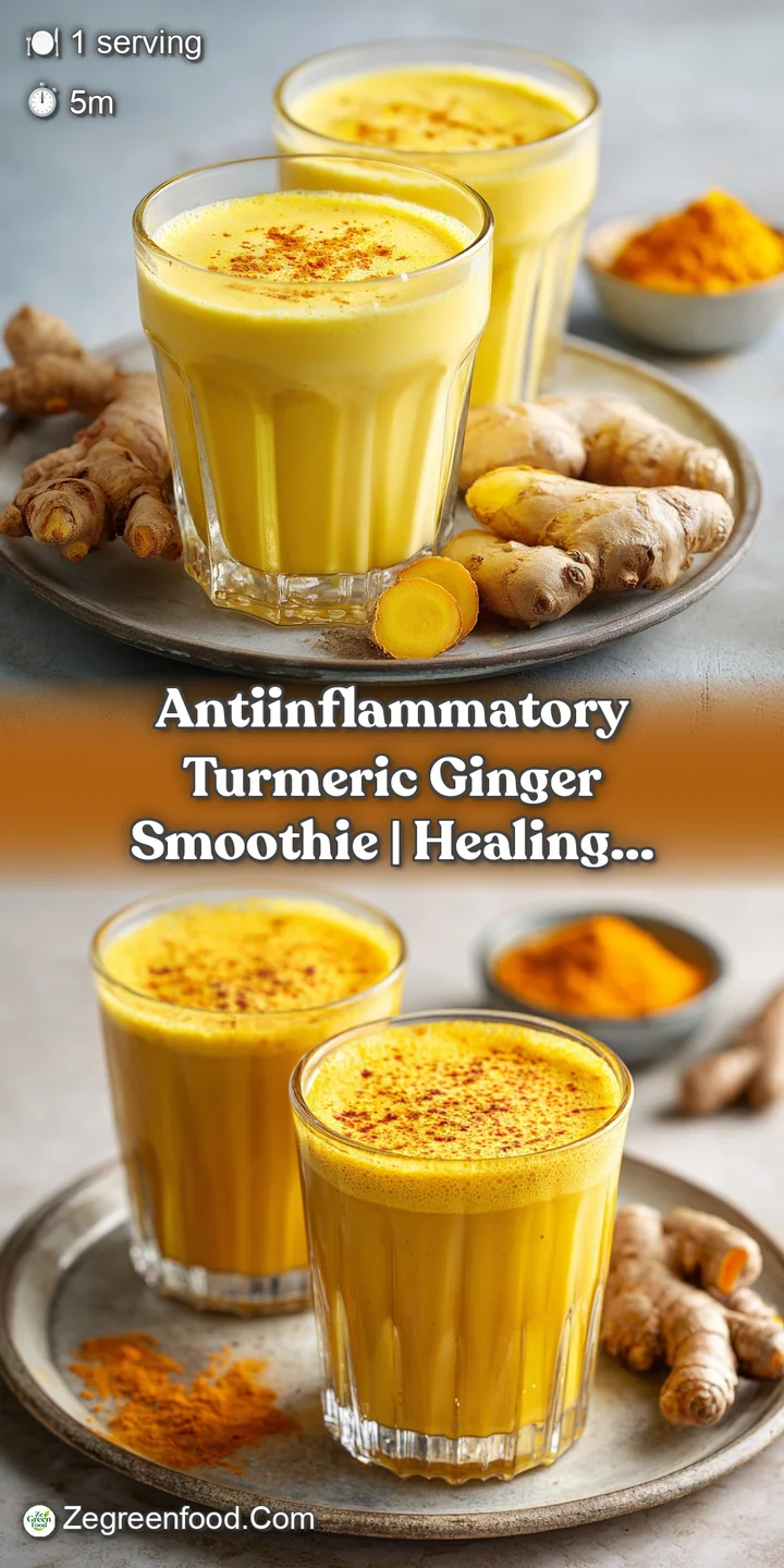 Close-up of a bright yellow turmeric smoothie; hints of grated ginger dance on the surface. Visually creamy, cool, and hea...