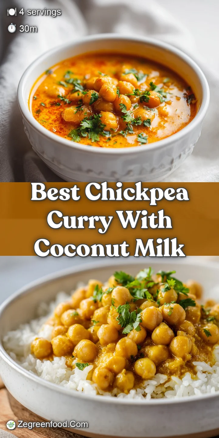 Macro shot of steaming golden curry sauce with tender chickpeas, rich coconut cream swirls, and vibrant red spices.