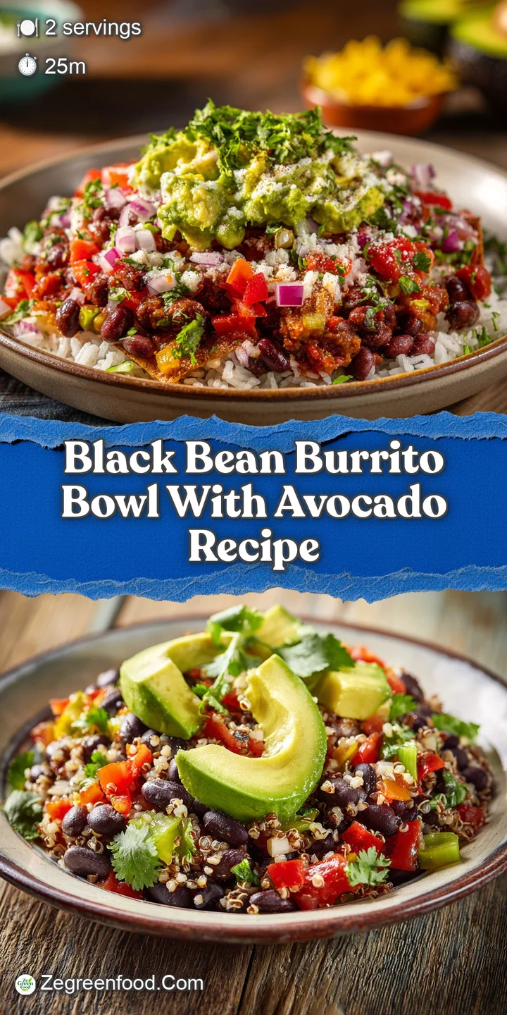 Close-up of a hearty black bean burrito bowl: glistening black beans, fluffy rice, and smooth avocado create a tempting, f...