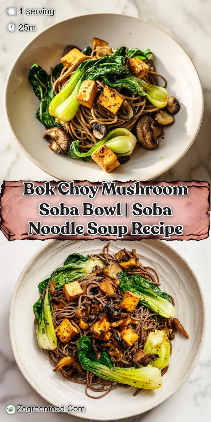 Macro shot of glistening dark soba noodles, tender green bok choy, and earthy brown mushrooms in a rich glaze.