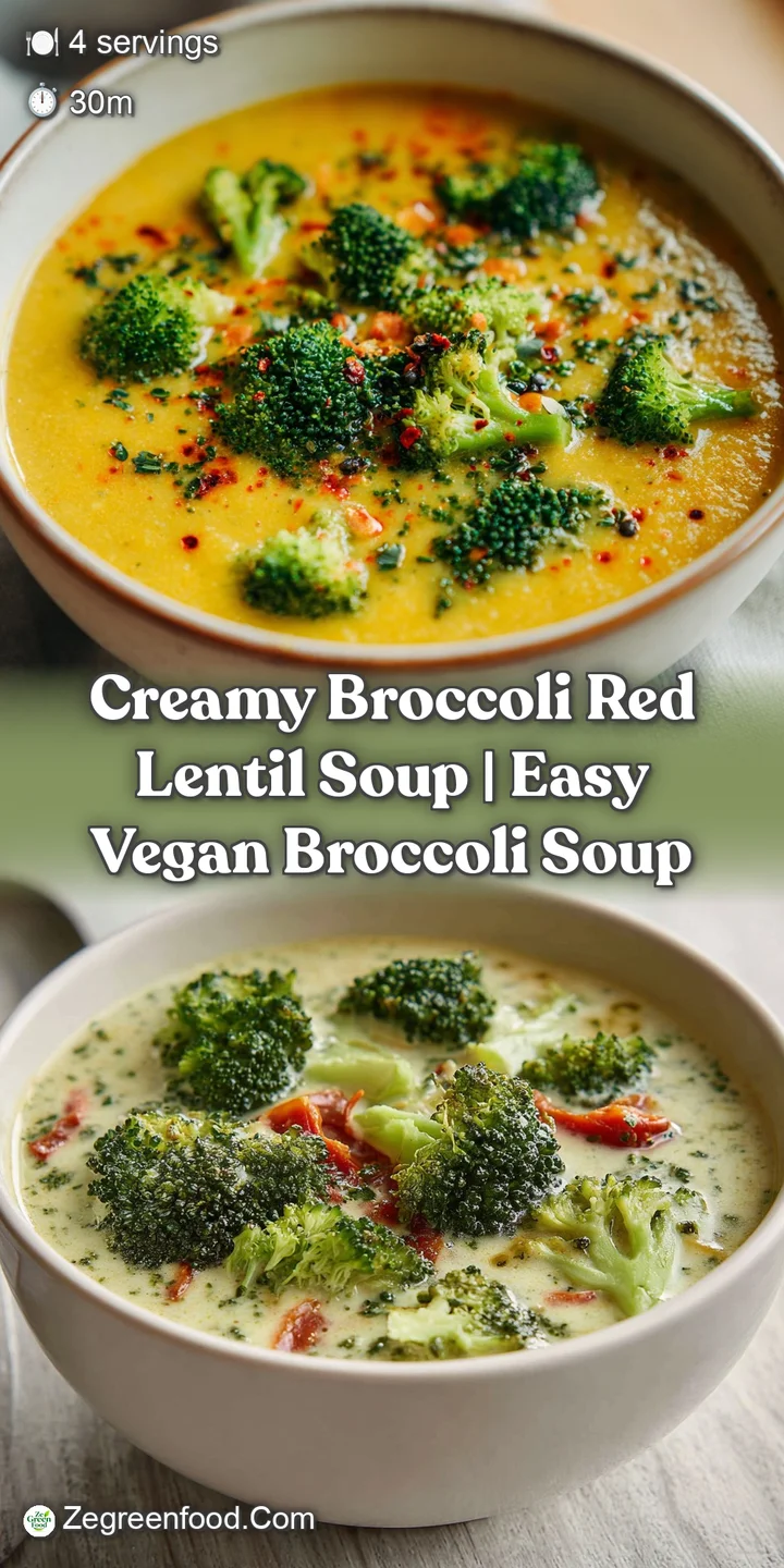 Close-up of a spoonful of creamy, textured broccoli and red lentil soup, showing the smooth broth.