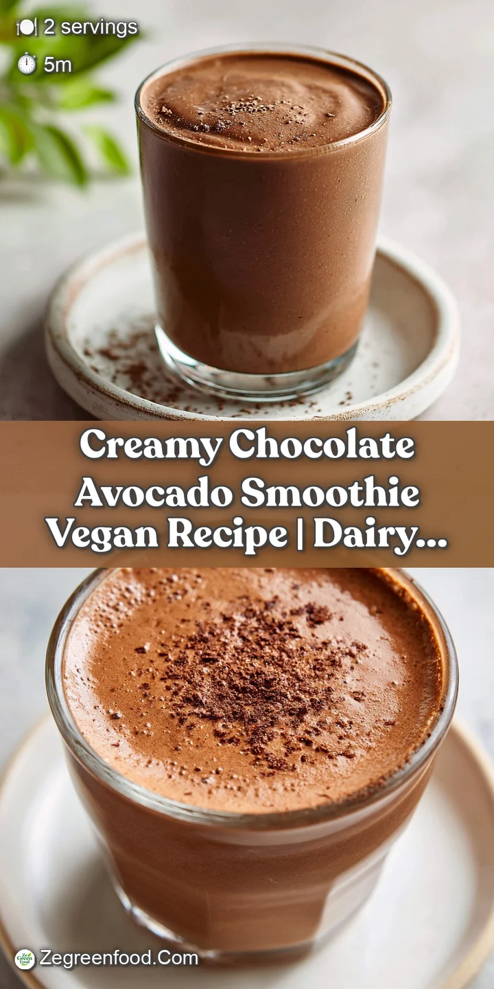 Close-up of a thick, velvety chocolate smoothie. Swirls of deep brown and hints of green from the avocado peek through the...