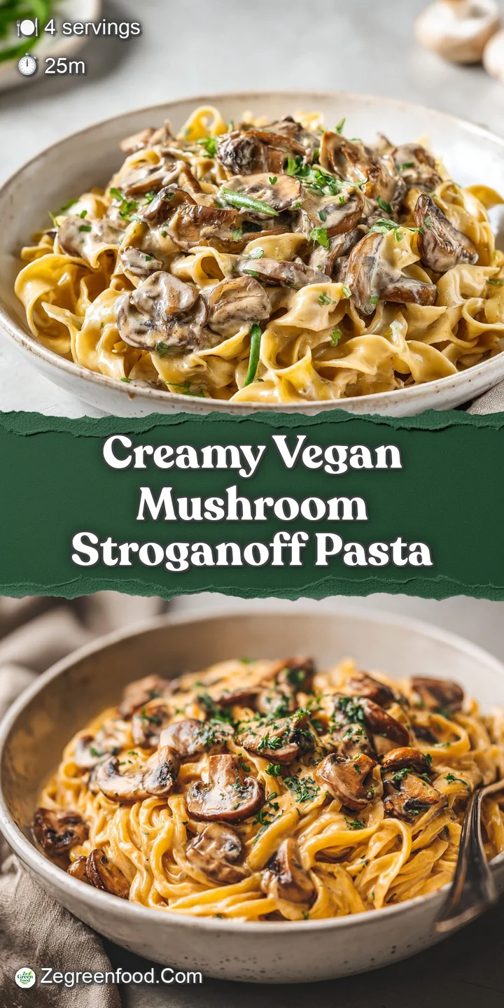 Close-up of luscious mushroom stroganoff: plump, earthy mushrooms coated in creamy sauce, clinging to perfectly cooked pas...