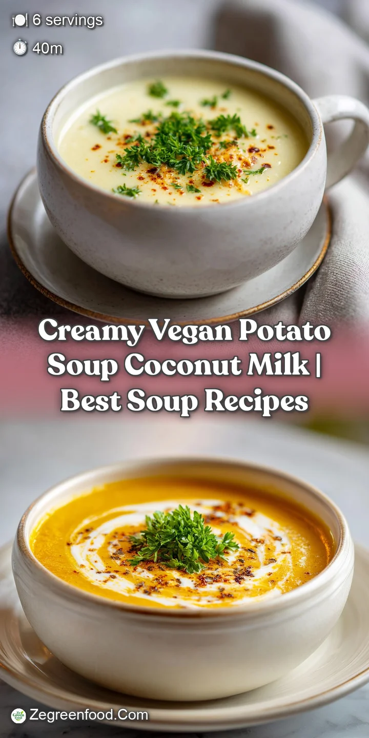 Close-up reveals the rich, creamy texture of the vegan potato soup, flecked with fresh herbs and a tempting sheen of oil.