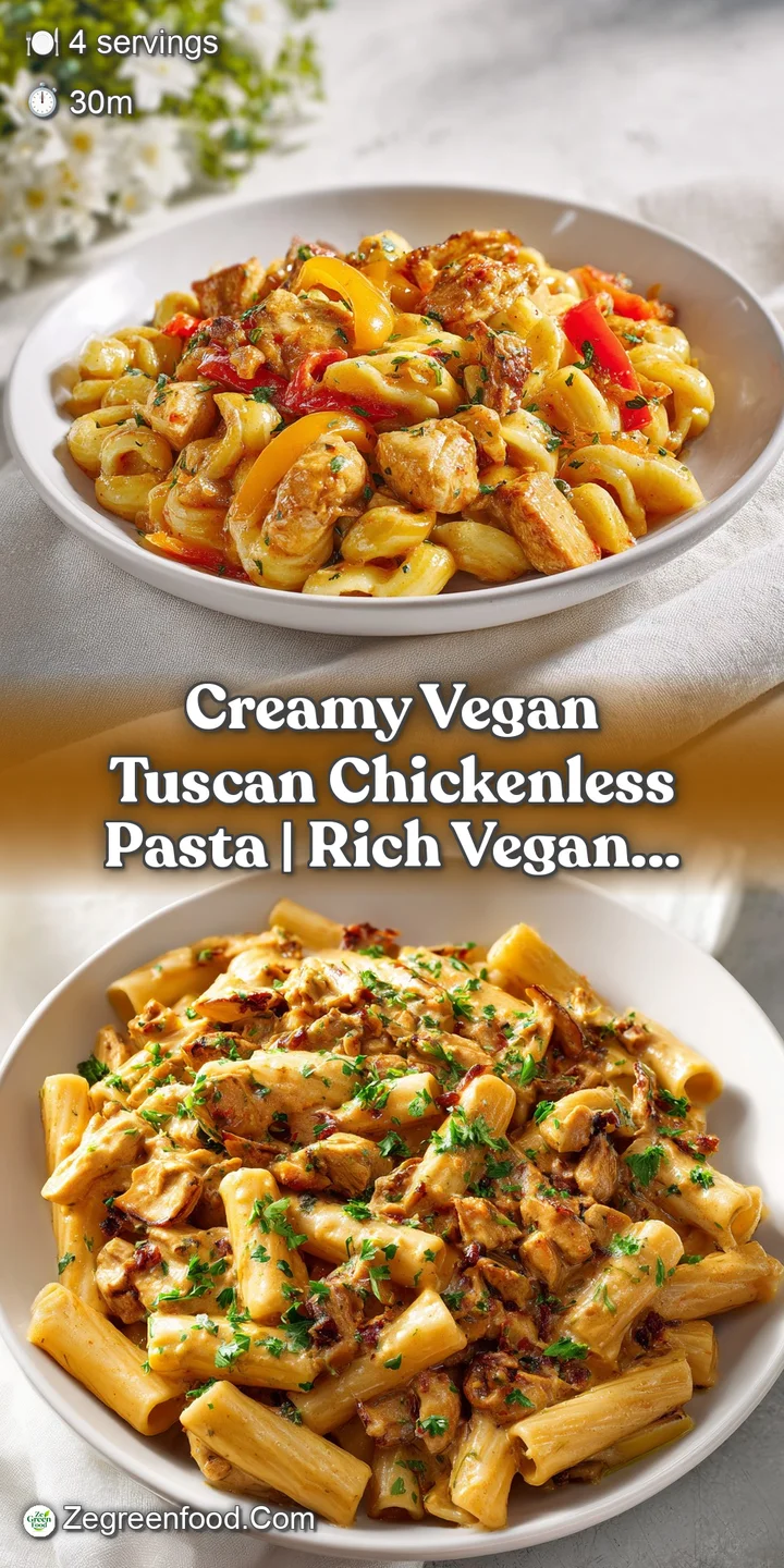 Close-up captures the rich, creamy texture of vegan Tuscan pasta, revealing sun-dried tomatoes and herbs clinging to the n...