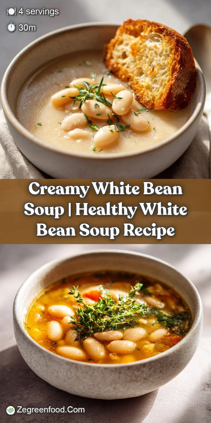 Close-up of silky white bean soup, showcasing its creamy texture and subtle, inviting aroma.