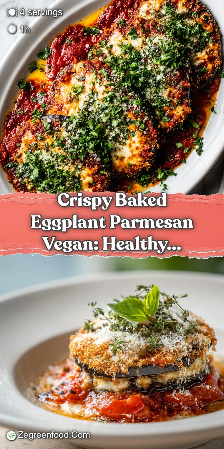 Close-up of a slice of vegan eggplant parmesan. See the textured, crispy breading and melted dairy-free cheese bubbling wi...