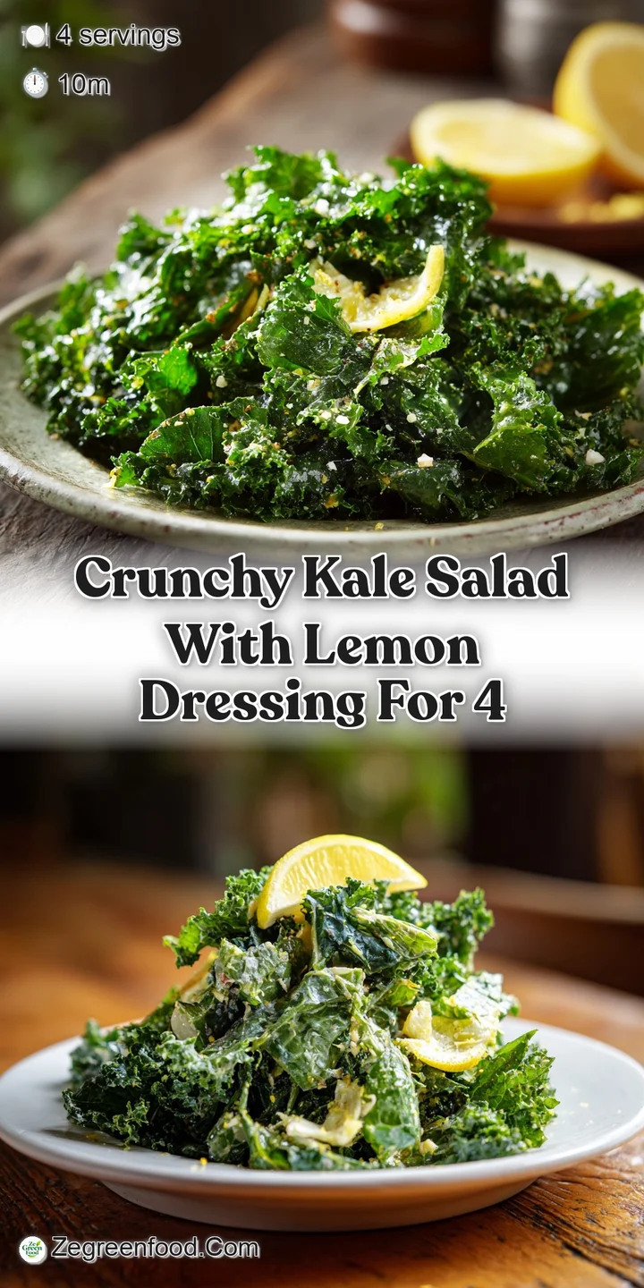 Close-up of crunchy kale salad with lemon dressing showing vibrant greens, textures from toasted nuts, and glistening cran...