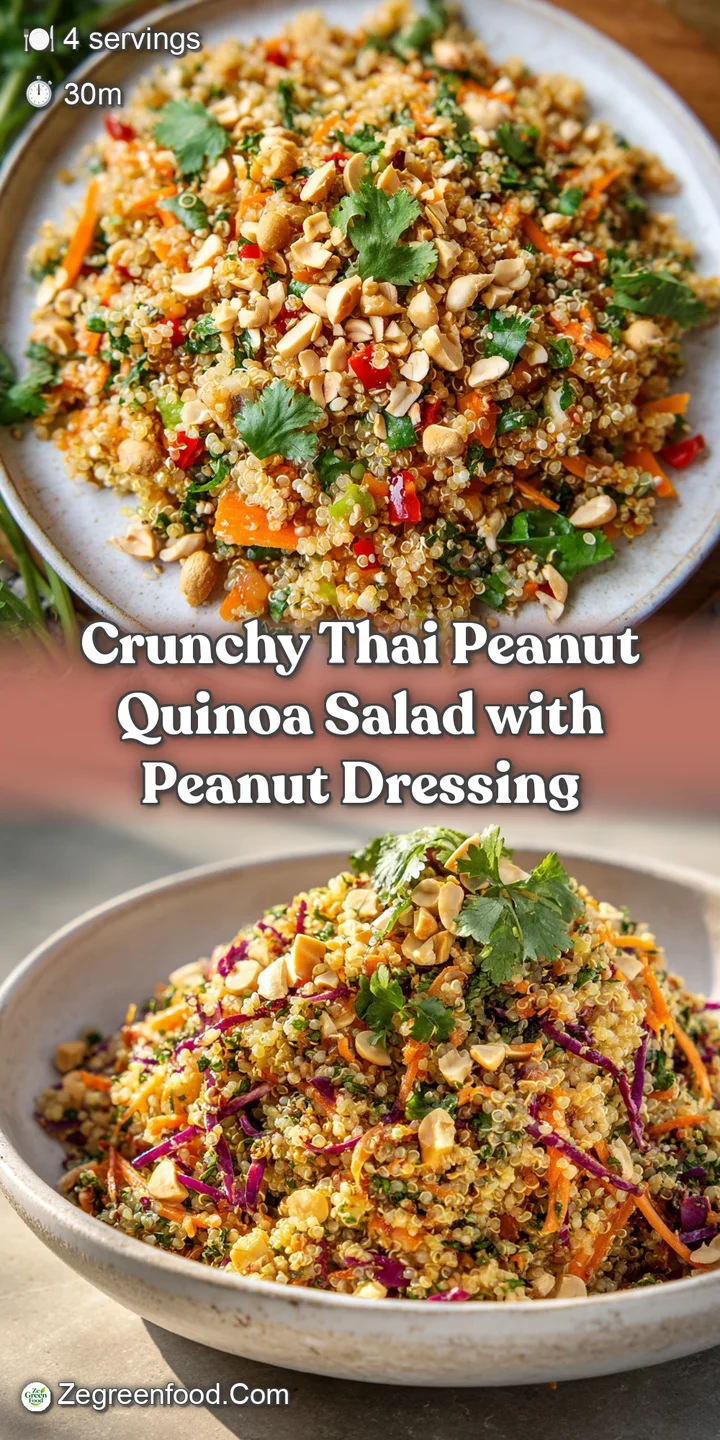 Close-up of a Thai quinoa salad, showcasing the textures of fluffy quinoa, crisp vegetables, and a rich, glistening sauce.