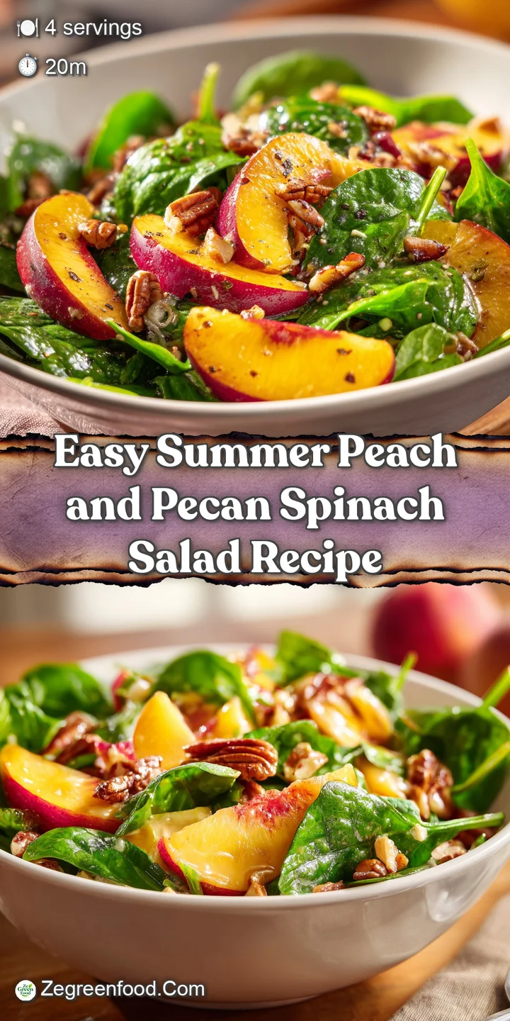 Close-up showcasing the fresh peach and spinach salad, highlighting the glistening dressing and plumpness of the fruit.