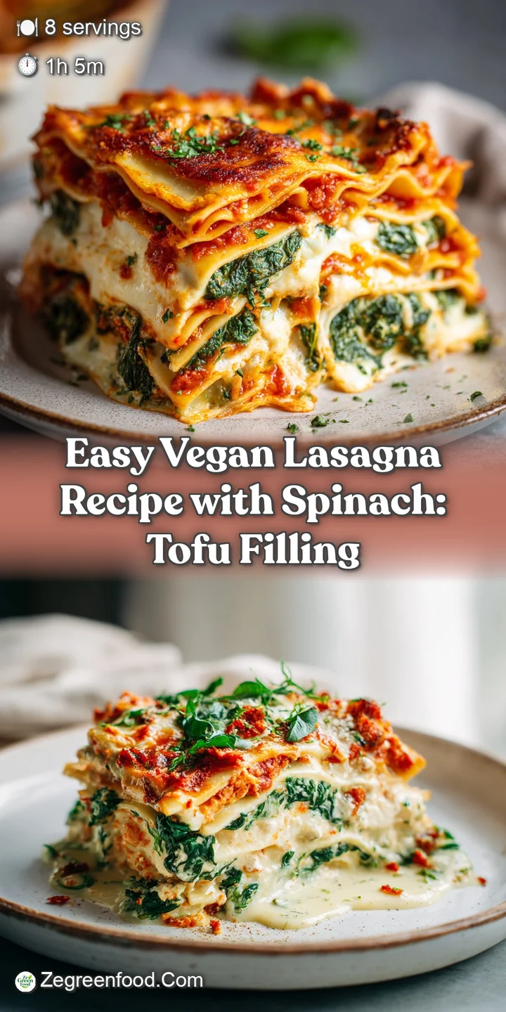 Close-up of a vegan lasagna, revealing layers of soft noodles, creamy sauce, and vibrant spinach. A tempting, comforting m...