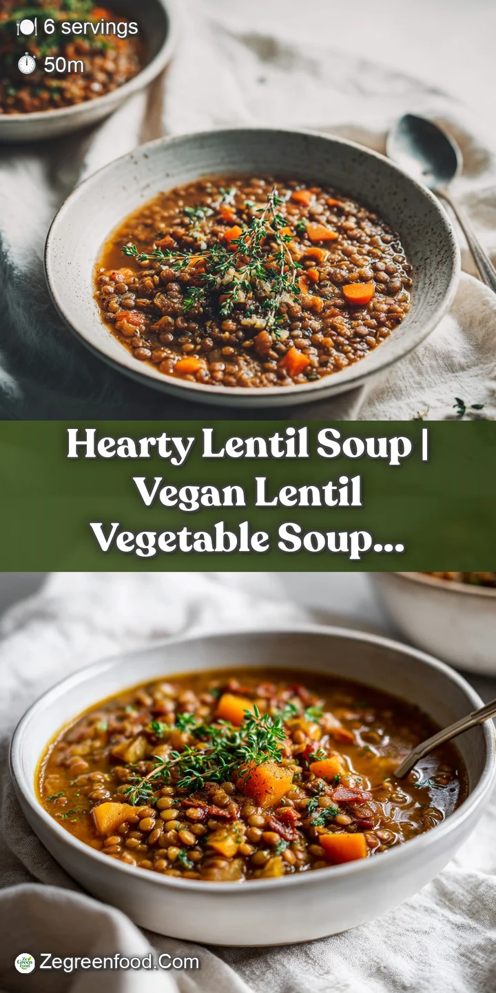 Close-up of thick, rich lentil soup with tender vegetables, a comforting, warm texture.
