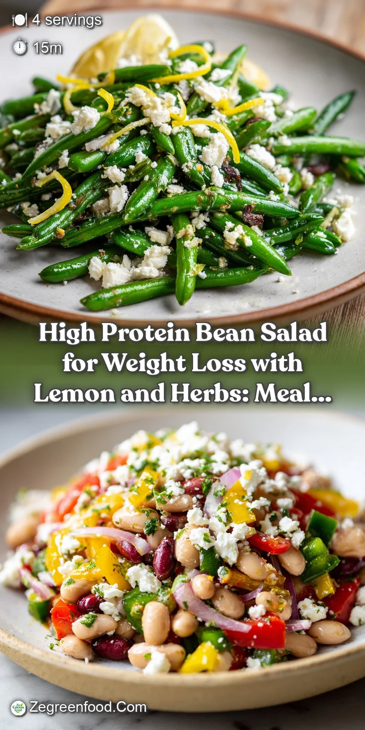 Close-up of a protein-packed bean salad, highlighting the textures and bright colors of the beans, herbs, and dressing.