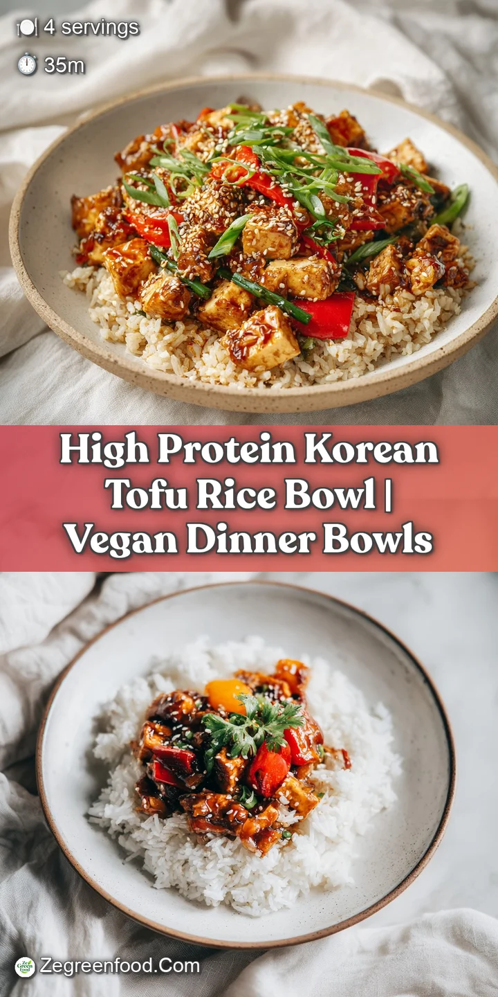 Close-up of a Korean tofu bowl: glistening, crisp tofu and a vibrant mix of seasoned vegetables on fluffy white rice.