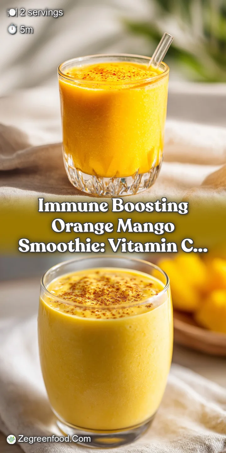 Close-up of a thick, bright orange smoothie with juicy mango. Condensation on the glass suggests a cold, refreshing treat.