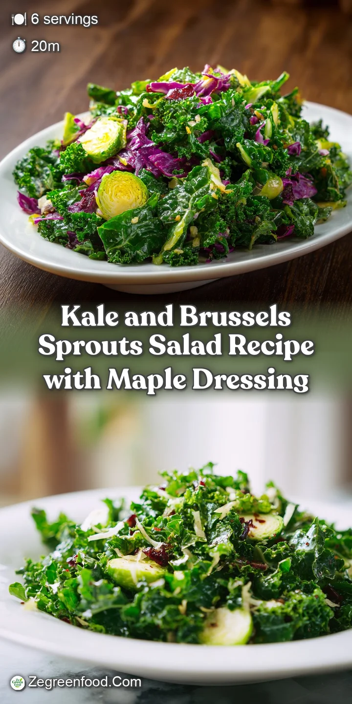 Close-up of curly kale and shaved Brussels sprouts with pops of red cranberries and golden pecans, highlighting the salad'...