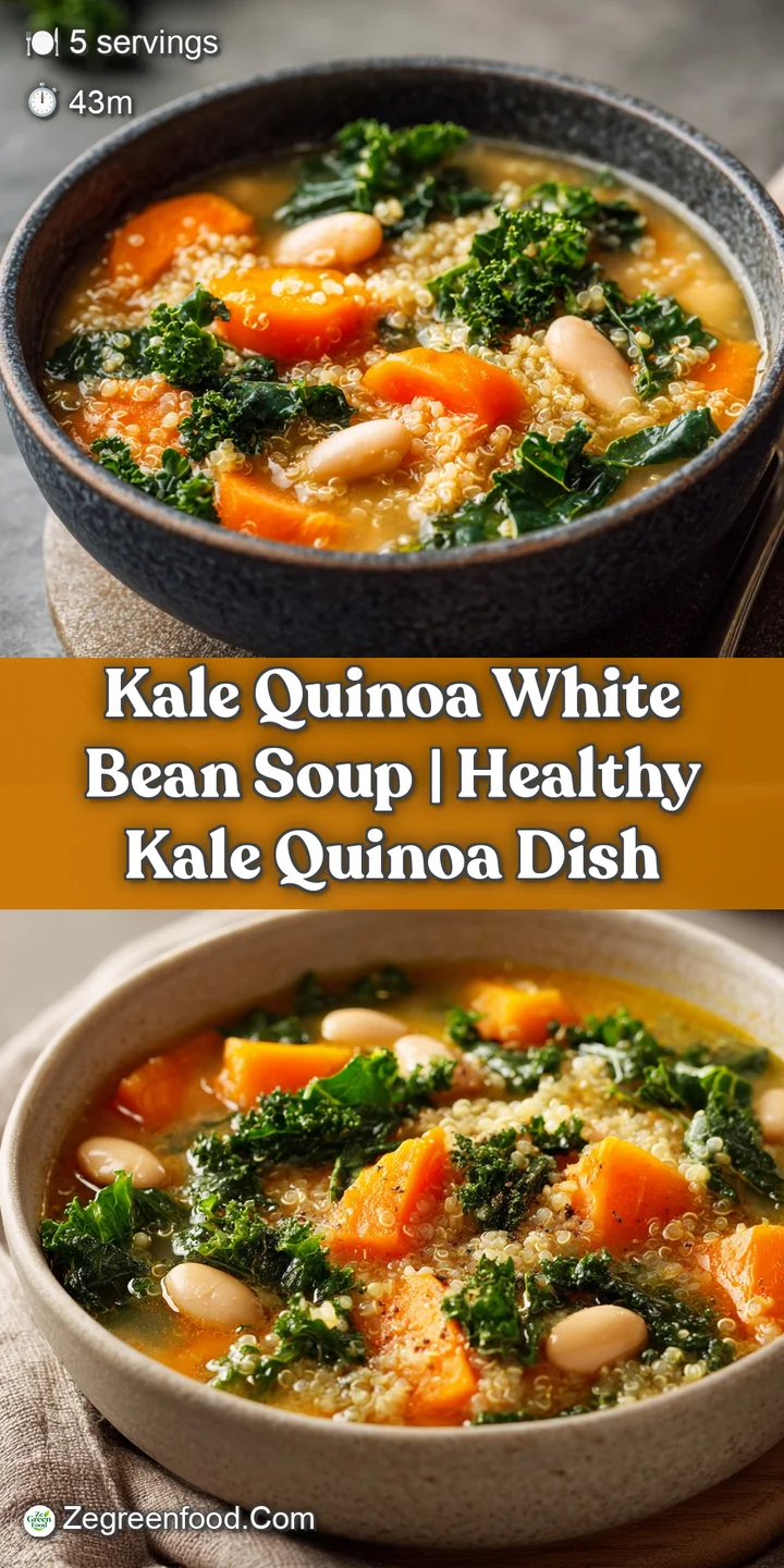 Macro shot of pearly quinoa and soft white beans in a thick, velvety cream broth with bright pops of green kale.