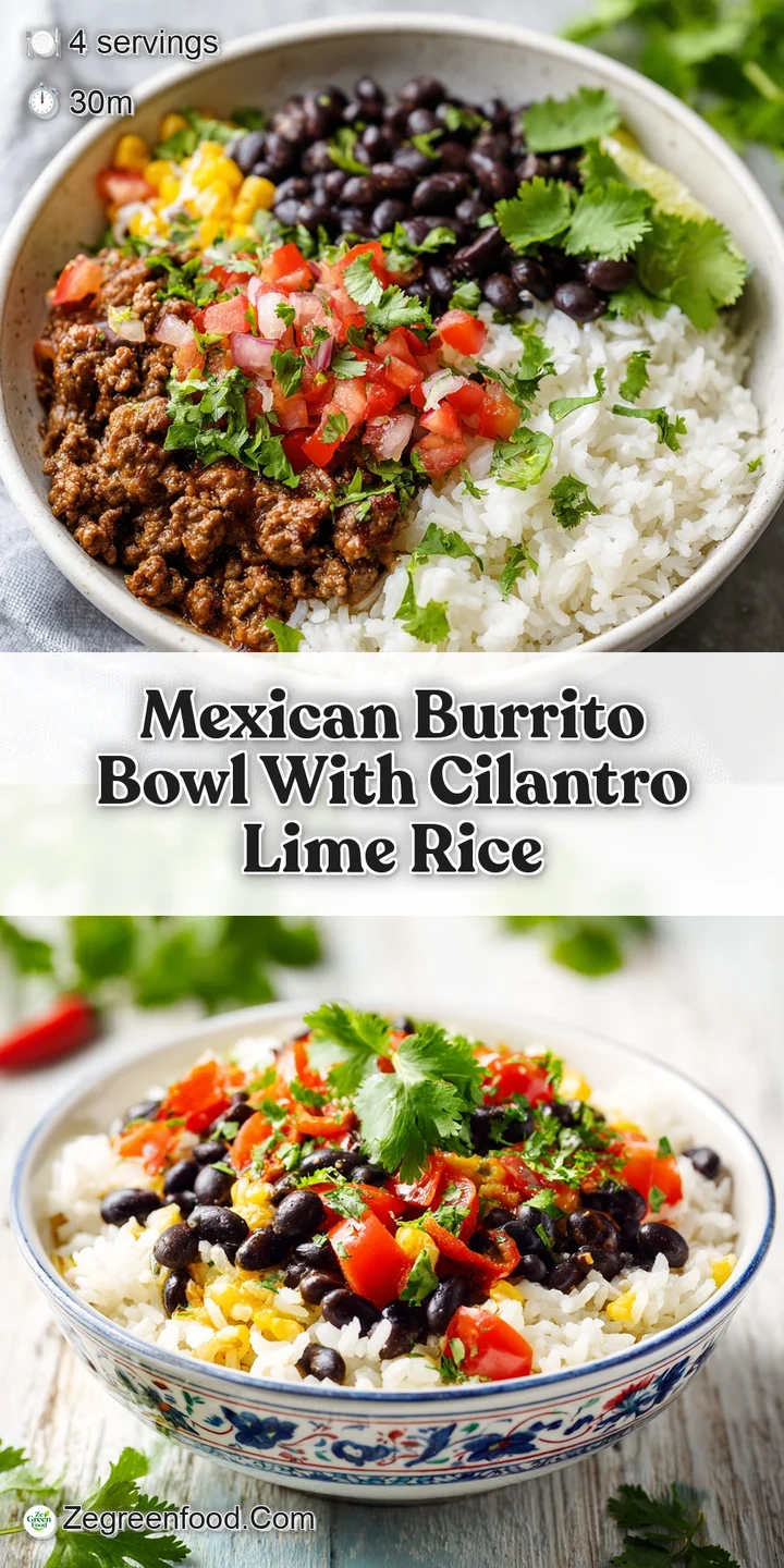 Close-up of a flavorful burrito bowl, showcasing juicy meat, vibrant cilantro-lime rice, and a colorful array of fresh top...