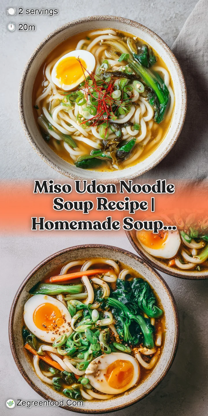 Close-up of plump udon noodles soaking in umami miso broth, highlighted by vibrant green scallions and savory tofu cubes r...