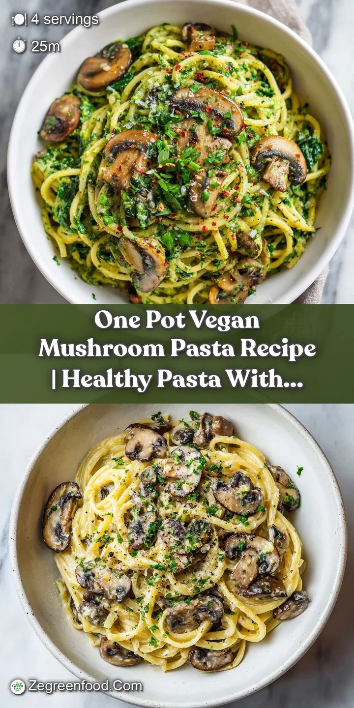 Close-up of glossy, tangled pasta with sliced mushrooms and spinach. Hints of steam suggest warmth and rich, savory flavor...