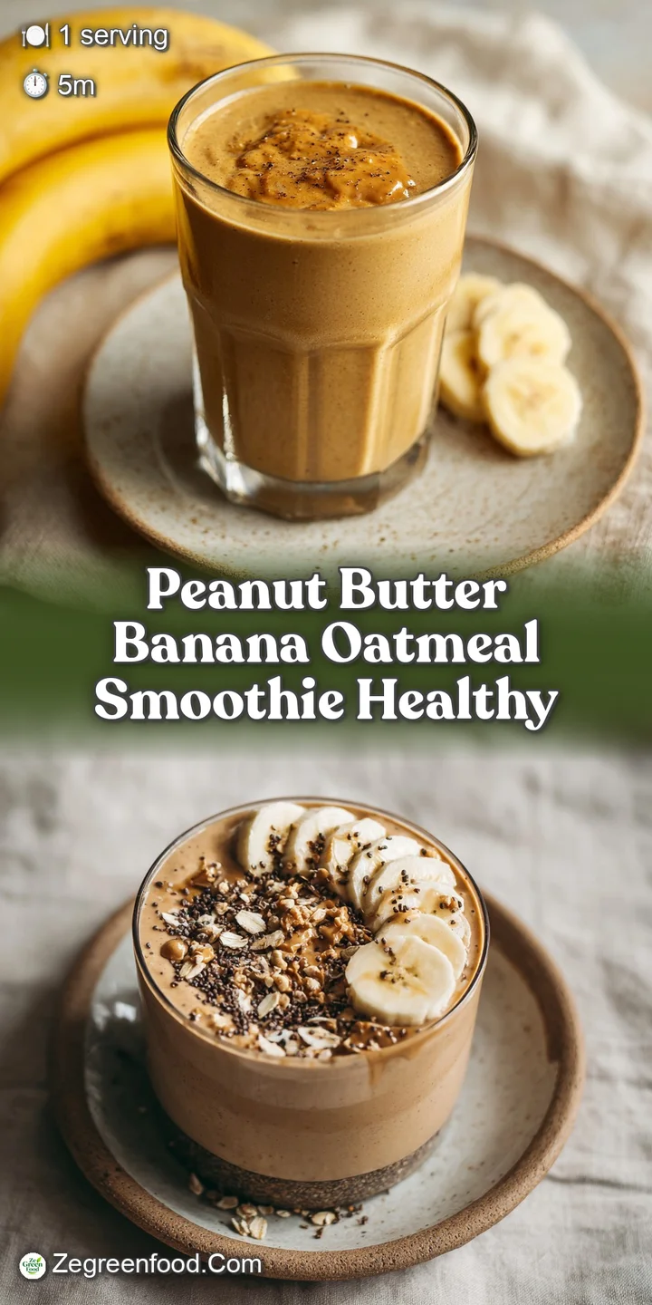 Close-up of a thick, blended smoothie with swirls of peanut butter, topped with rings of ripe banana and a dusting of oats...