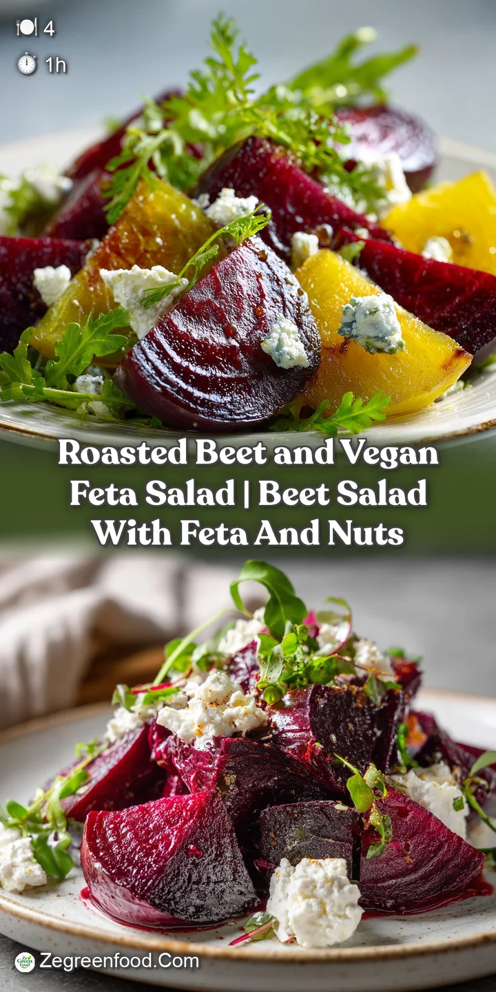 Close-up of roasted beets and creamy vegan feta crumbles nestled in greens, highlighting the salad's fresh and enticing te...