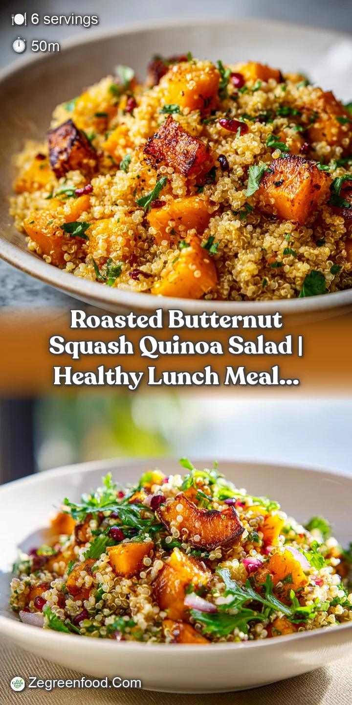 Close-up reveals the textures: tender squash, fluffy quinoa, plump cranberries & chopped greens drizzled with a light vina...