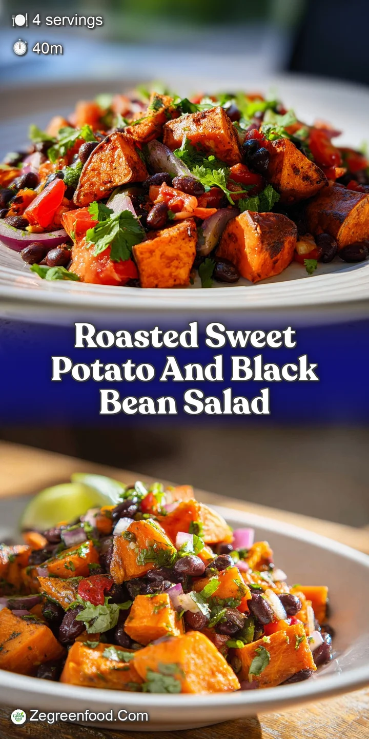 Close-up of a sweet potato and black bean salad, showing the textures of the roasted vegetables and the vibrant colors of ...