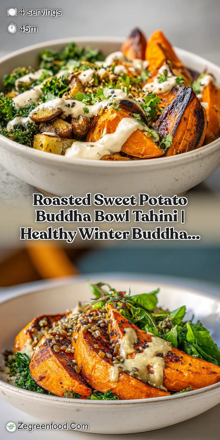 Close-up capturing the textures of roasted sweet potatoes and the creamy appearance of tahini dressing in a colorful bowl.