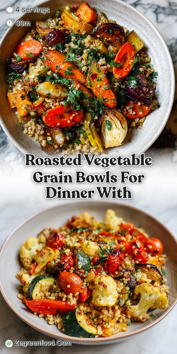 Close-up of roasted vegetables, glistening with oil and herbs. Visible grain textures and rich colors create an appetizing...