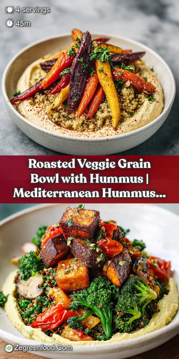 Close-up showcases the textures of roasted vegetables, glistening grains, and smooth hummus, inviting a delicious and heal...