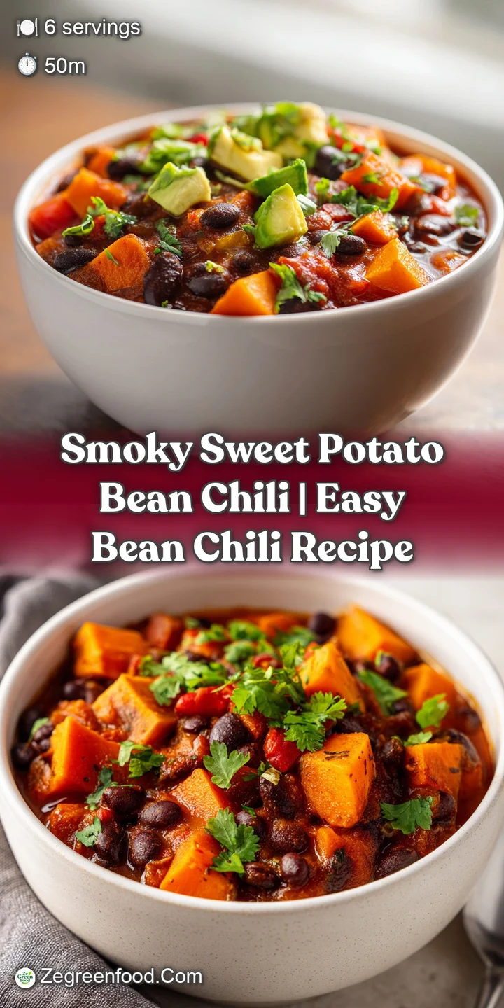 Close-up of tender sweet potato cubes and dark beans in a rich, reddish-brown chili sauce.