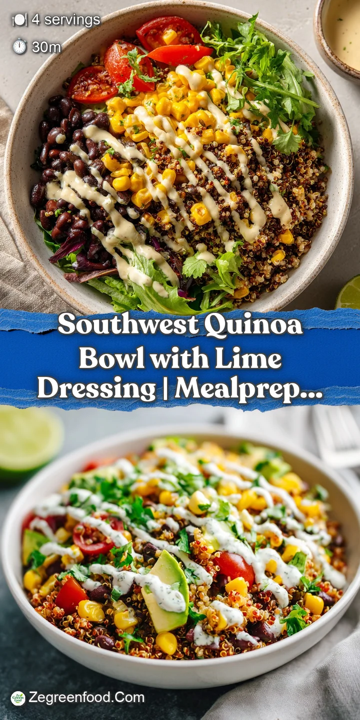 Close-up of a Southwest quinoa bowl showing the bright colors & textures of the quinoa, beans, corn, and creamy lime dress...