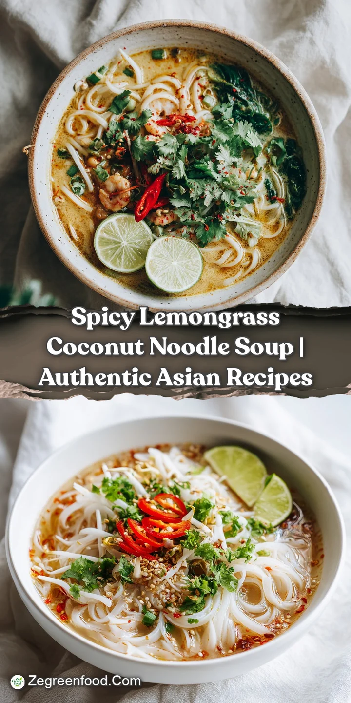 Close-up of creamy, pale yellow broth with strands of noodles, garnished with vibrant red chili and green herbs.