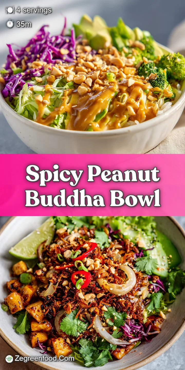 Close-up of a spicy peanut chicken Buddha bowl, highlighting the glistening sauce and colorful mix of textures and ingredi...
