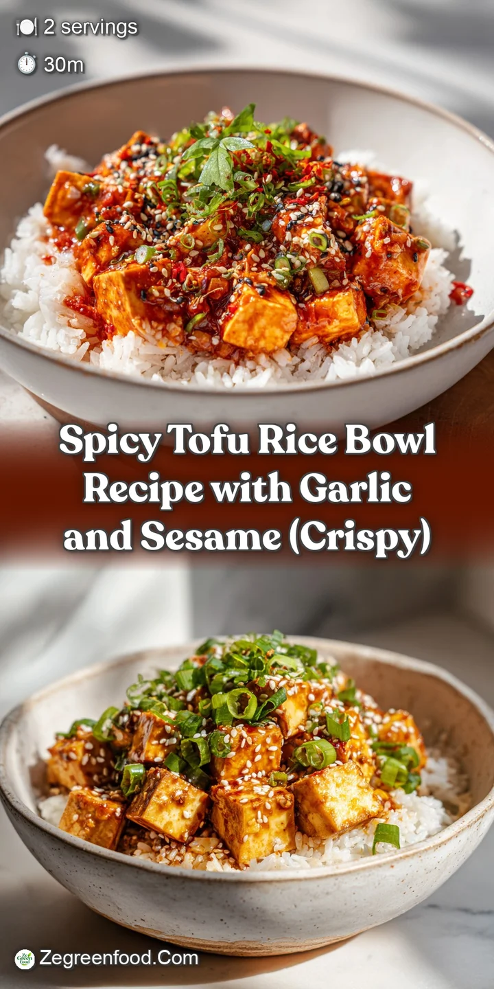 Close-up shot of the spicy tofu rice bowl, showcasing the glistening tofu, plump grains of rice, and fiery sauce. Appealin...