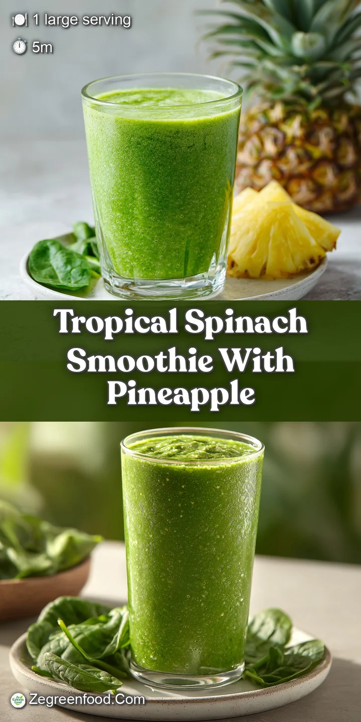 Close-up of a bright green smoothie, showing its creamy texture and small flecks of spinach. Pineapple pieces glisten on top.