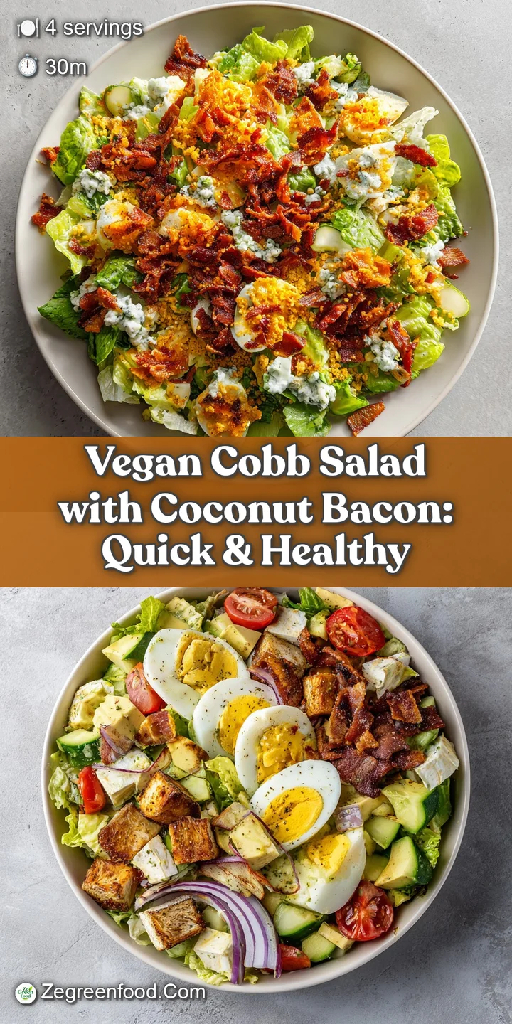 Close-up of a tempting vegan Cobb salad, highlighting the crisp lettuce, vibrant vegetables, and smoky, delicious-looking ...