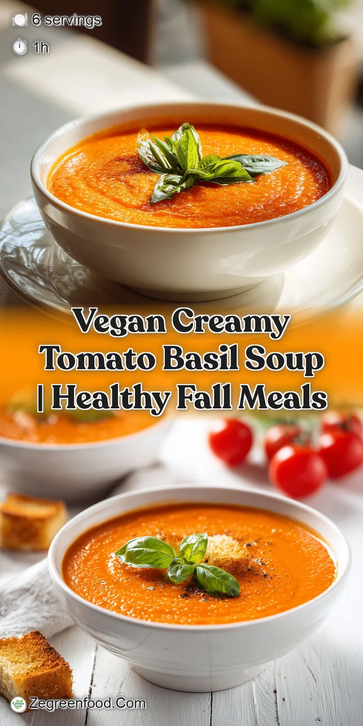 Close-up of velvety vegan tomato soup, fragrant basil leaves, and creamy coconut milk swirls. A comforting, inviting, plan...