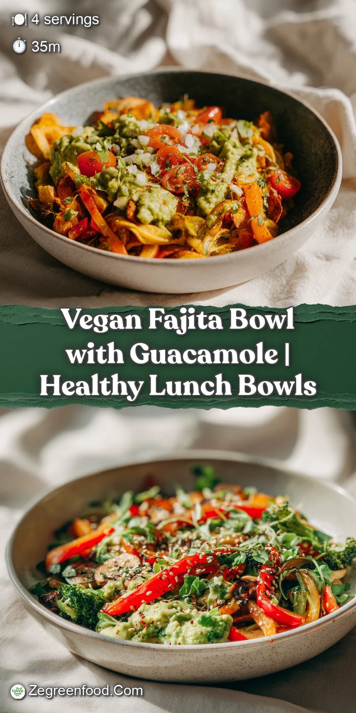 Close-up of a vegan fajita bowl showcasing the creamy texture of guacamole against the warm, roasted vegetables. Fresh and...