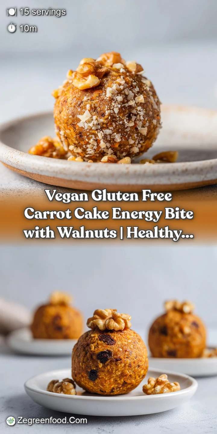 Close-up of a chewy vegan energy bite, revealing coarse texture and flecks of orange carrot and walnuts.