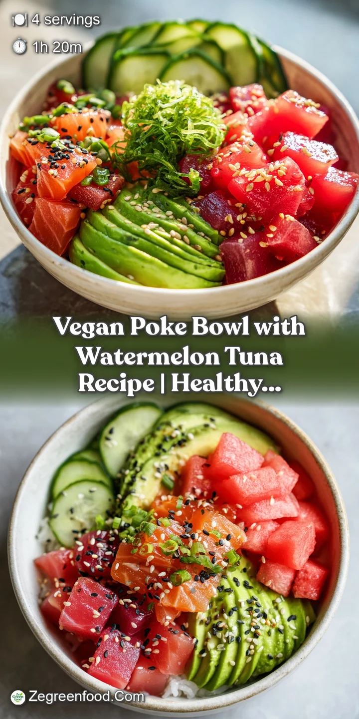 Appetizing close-up of a vegan poke bowl. Fresh watermelon shines alongside bright green edamame and creamy avocado slices.