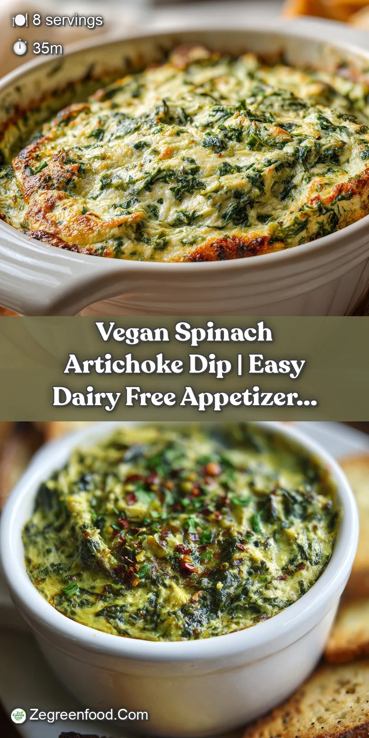 Close-up of velvety vegan spinach artichoke dip, showing tender artichoke pieces and vibrant green spinach.