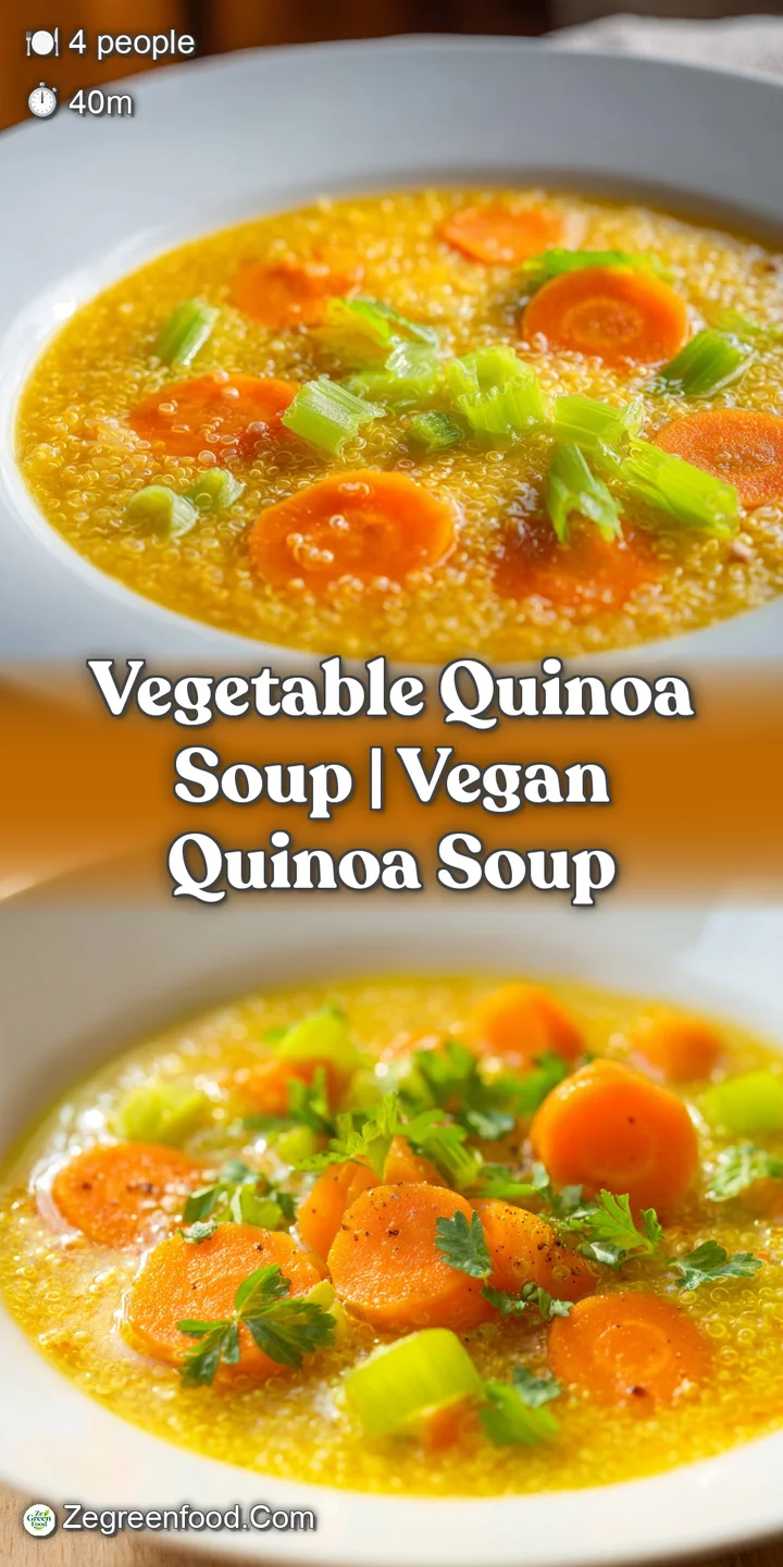 Close-up of plump quinoa grains and diced vegetables glistening in a rich, warm broth with a sprig of fresh herbs.
