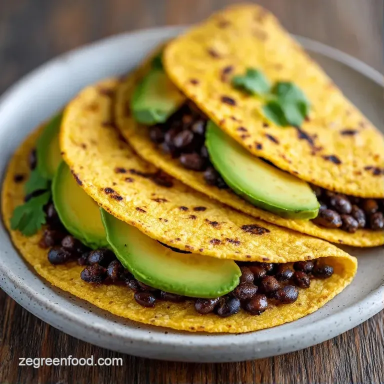 Three folded golden tortillas on a dark platter, garnished with vibrant green cilantro and zesty lime wedges.