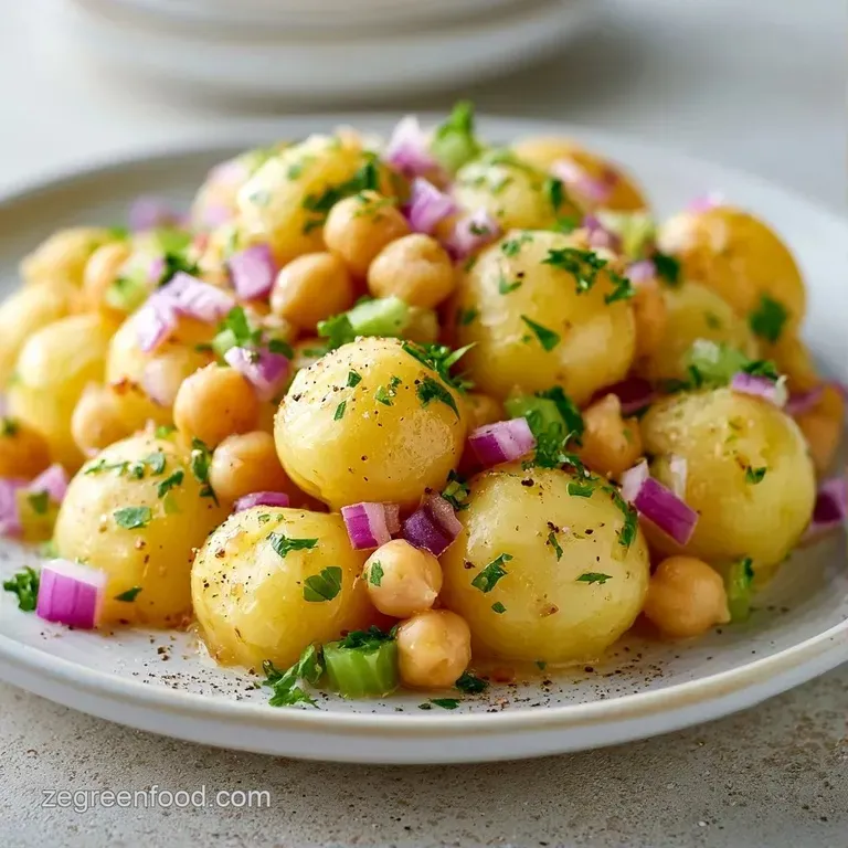 Neatly plated potato and chickpea mix with creamy dressing, sprinkled paprika, and a sprig of fresh flat-leaf parsley.