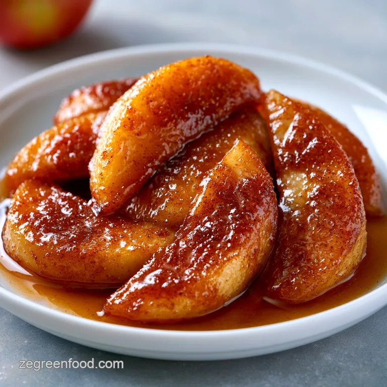 Tender cinnamon-glazed apple slices fanned on a plate with a drizzle of syrup and a sprig of fresh mint