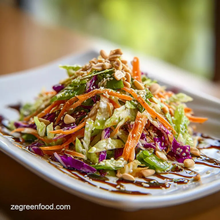 Artfully arranged Asian salad showcasing layers of shredded cabbage, carrots, edamame, and toasted sesame seeds. Dressing ...